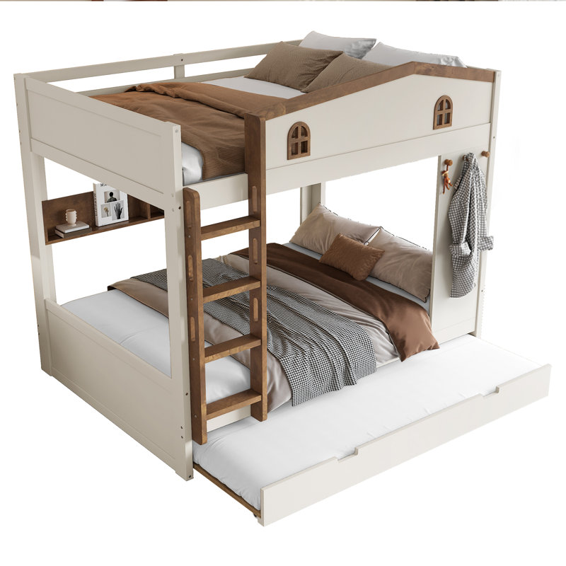 Queen over Queen Bunk Bed with Trundle, Solid Wood Bunk Beds with Storage Shelves & Hooks, No Box Spring Needed, Beige&Natural