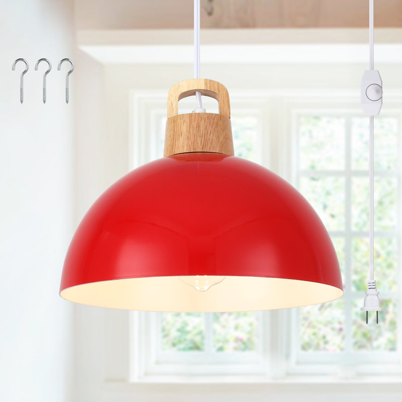 Karinne 1 - Light 11.81" Modern Single Metal Dome Pendant with Plug-In Switch for Kitchen Island Dining Room Entryway, Red