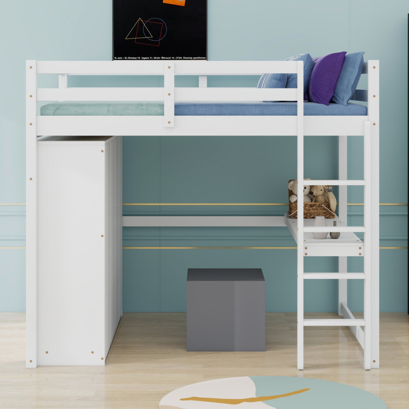 Lit mezzanine en bois avec garde-robe intégré, bureau, tablettes de rangement et tiroirs, Blanc