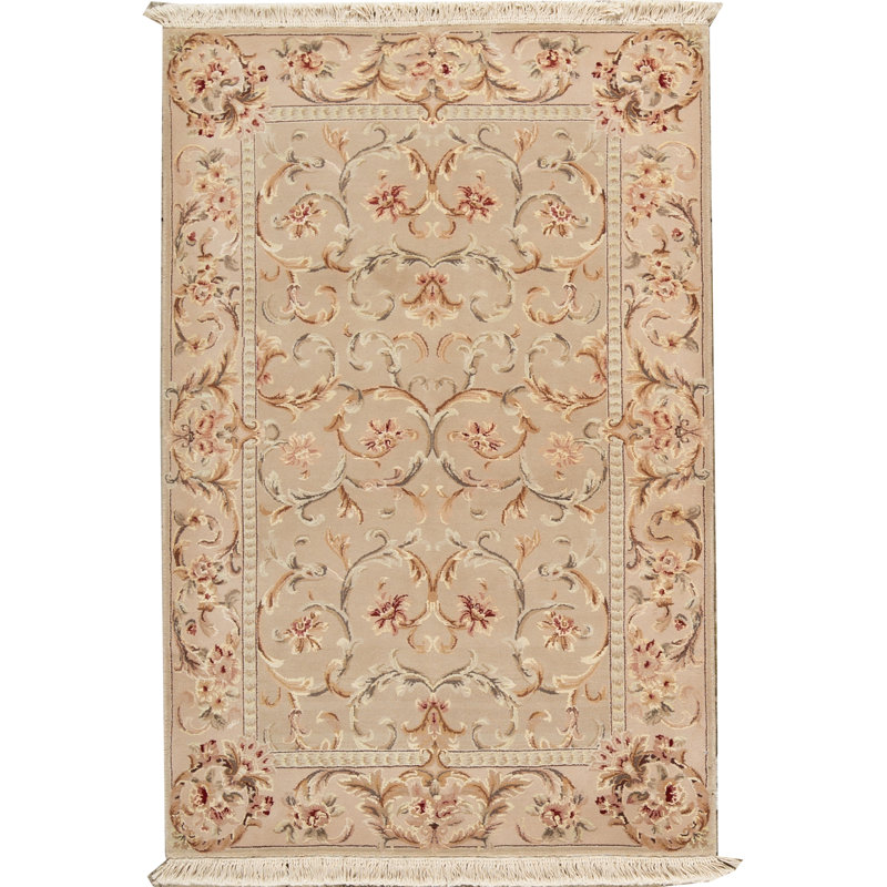 Tapis beige, gris et rouge noué à la main de haute qualité