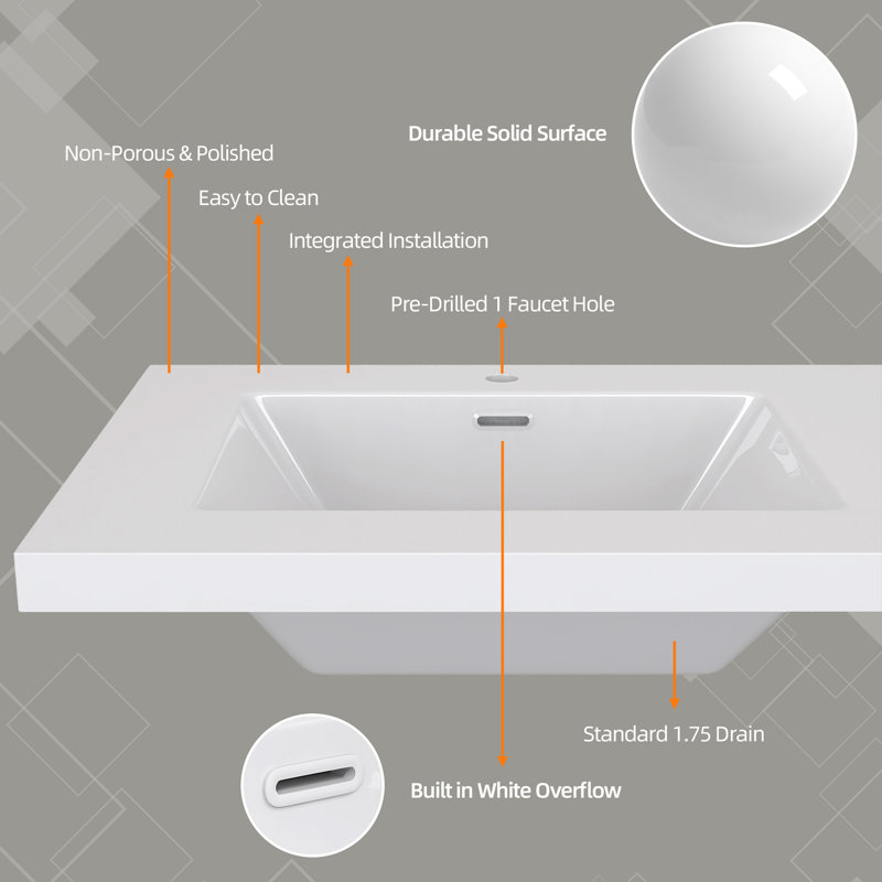 30 Inch Solid Surface Bathroom Vanity Top with Integrated Sink, Bright White Seamless Countertop, Waterproof & Easy Install