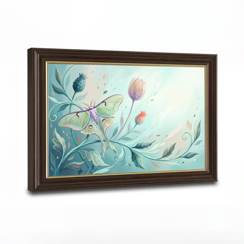Art mural sur toile Green Luna Moth entouré de fleurs et de feuilles pastel, 16"H x 24"W