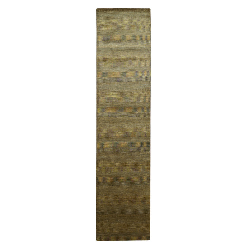 Tapis de couloir oriental brun doré 2 pi 8 po x 12 pi 3 po, noué à la main, tissage dense, laine et soie, doux au toucher