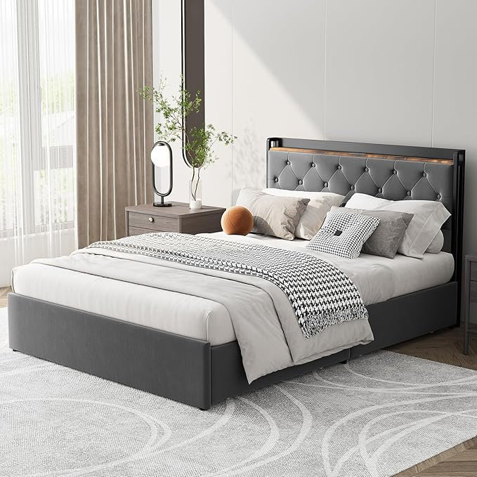 Cadre de lit, cadre de lit plateforme tapissier avec 4 tiroirs, tête de lit avec rangement, support de lattes en bois, cadre de lit en métal avec station de charge, aucun sommier nécessaire, gris