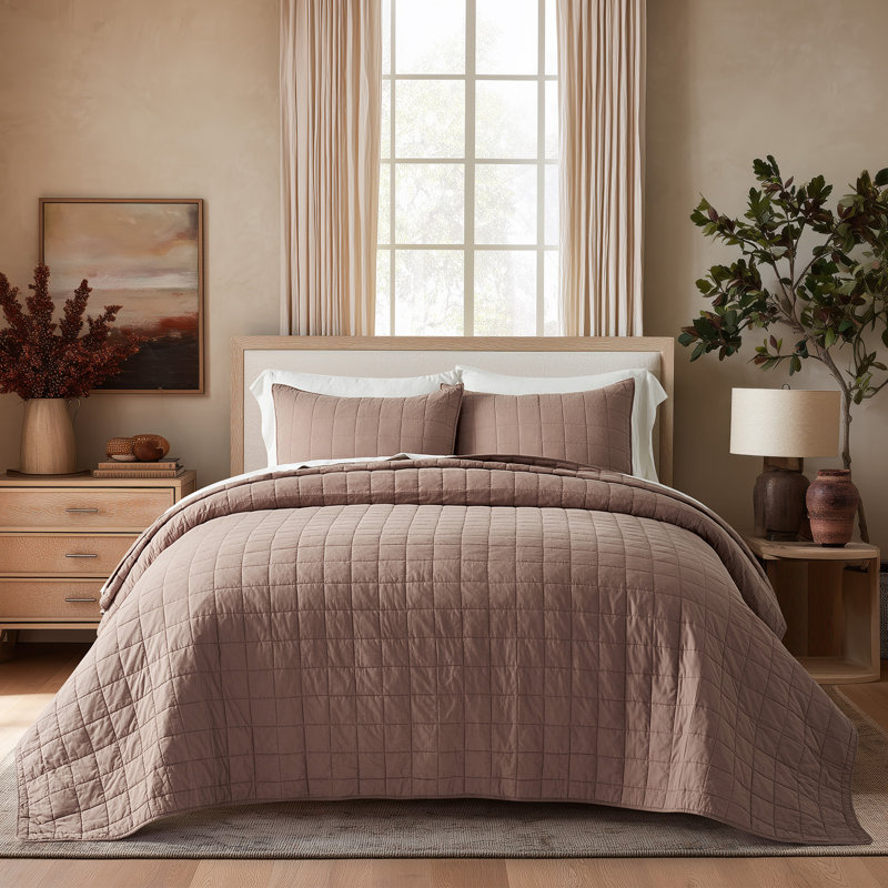 100% Cotton Box Stitch Quilt Set, Terracotta Clay, King Quilt + 2 King Shams