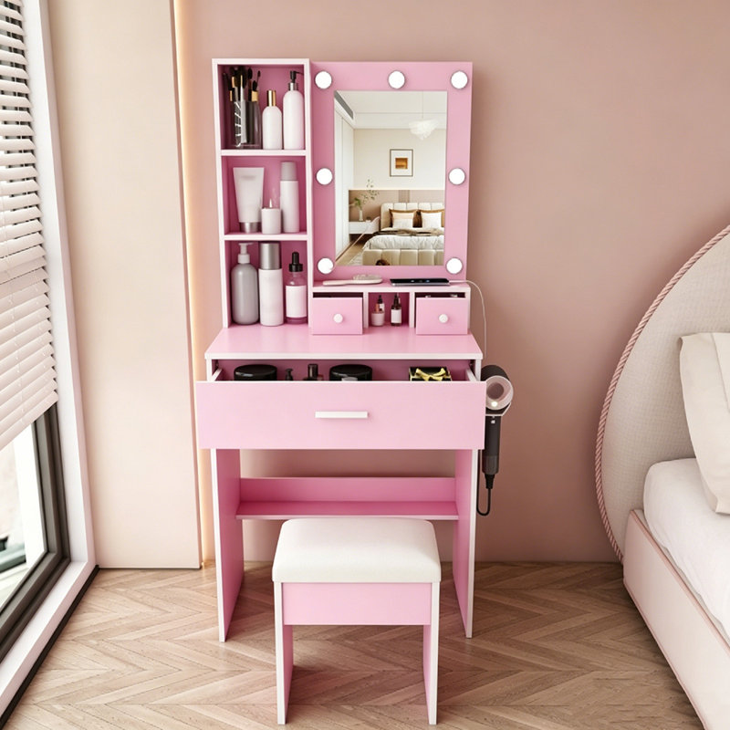 Coiffeuse Uwant avec lumières DEL réglables et miroir, petit bureau de maquillage avec prise de courant et support pour sèche-cheveux, coiffeuse compacte avec tabouret pour la chambre à coucher