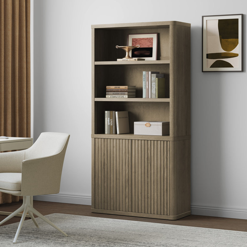 Cesiro 6-Tier Bookcase With 2 Fluted Doors And Adjustable Shelves, Gray Alder
