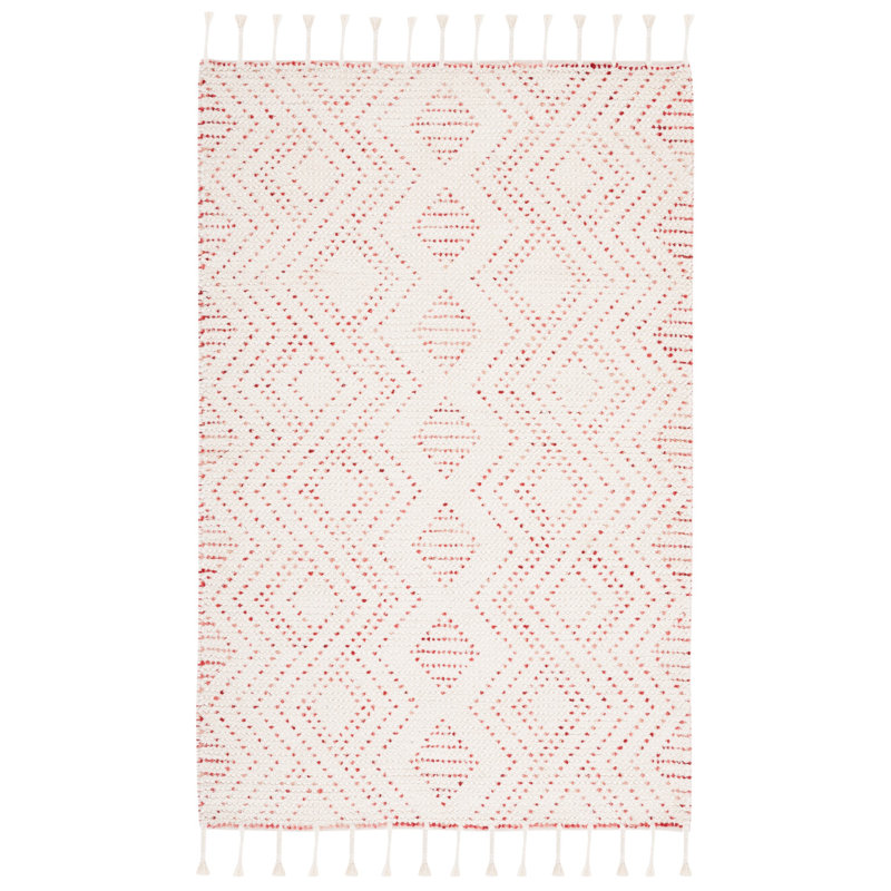 Lilya Hand Loomed Wool/Cotton Geometric Rug in Ivory/Red, Round 6'