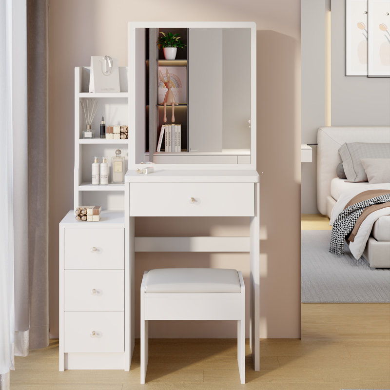 29.2" Small Space Left Bedside Cabinet Vanity Table + Cushioned Stool, White