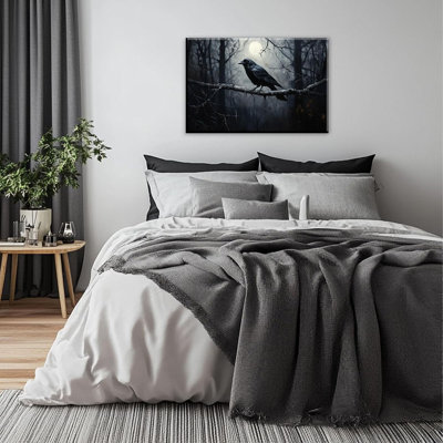 Crow Canvas Wall Art Black Crow Stand On The Branch Picture Print Moonlit Night Poster Vintage Forest Landscape Painting Artwork Living Room Halloween Decor(Artwork-1,12"X18")
