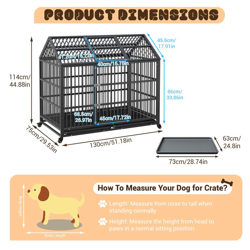 Cage pour chien robuste de 52 po avec roulettes, protection contre les fuites et plateau amovible pour chiens de taille moyenne / grande