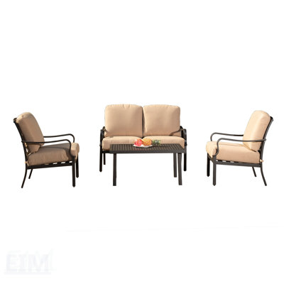 Ensemble de conversation d'extérieur rétro 4 pièces avec table en métal, chaises et coussins beige amovibles pour le jardin et la cour