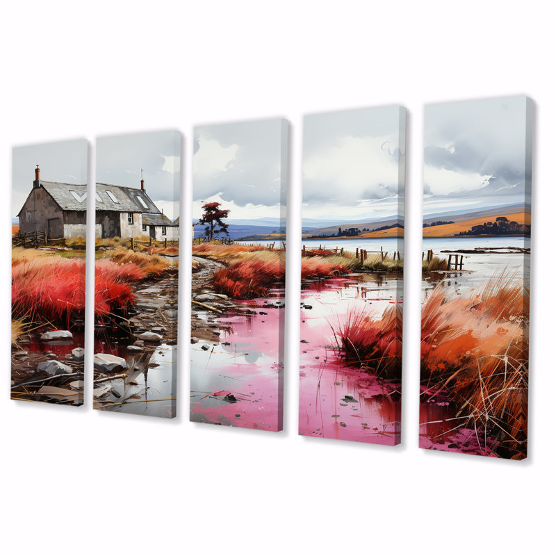 Meadow Cottage At The Pond III - Landscape Cottage, art mural 5 pièces, H 28 po x l 60 po
