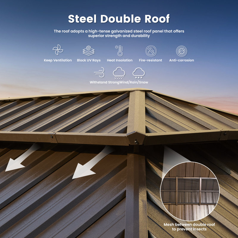 18' W x 12' D Hardtop Gazebo, Double Galvanized Steel Roof & Aluminum Frame for Hot Tub, Deck, Backyard, Woodgrain