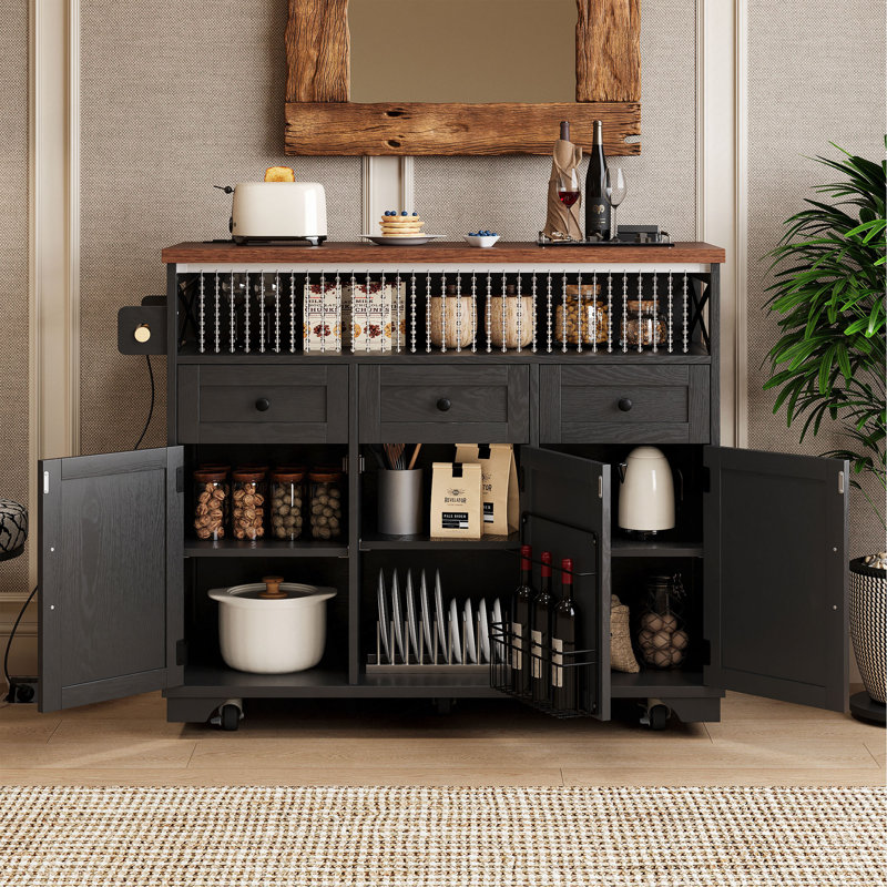 Farmhouse Kitchen Island With Drape Of Beads – Rolling Kitchen Cart On Wheels, 3 Doors & 3 Drawers, Drop Leaf & Power Outlet