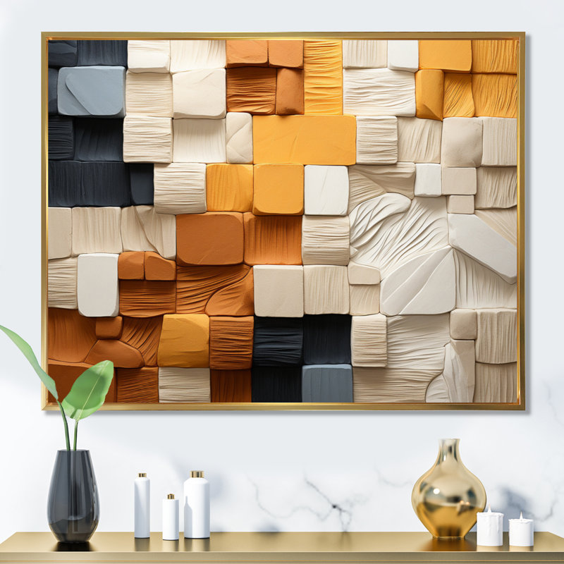 Cubique jaune et gris II sur toile, Cadre flottant doré, H 34 po x l 44 po x P 1,5 po