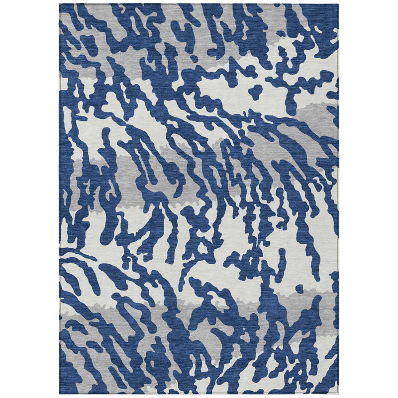 Tapis intérieur lavable à motif animal 9 pi x 12 pi bleu marine et ivoire
