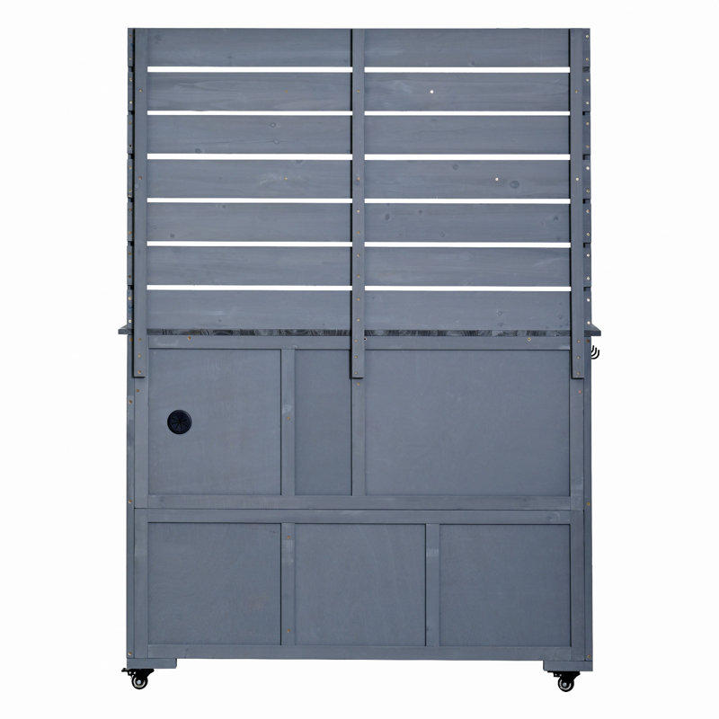 Grand banc de rempotage de jardin de 65 po de hauteur avec roues verrouillables et armoire de rangement, chariot de préparation pour îlot de cuisine d'extérieur en bois avec huche, tiroirs et tablettes de retrait pour griller