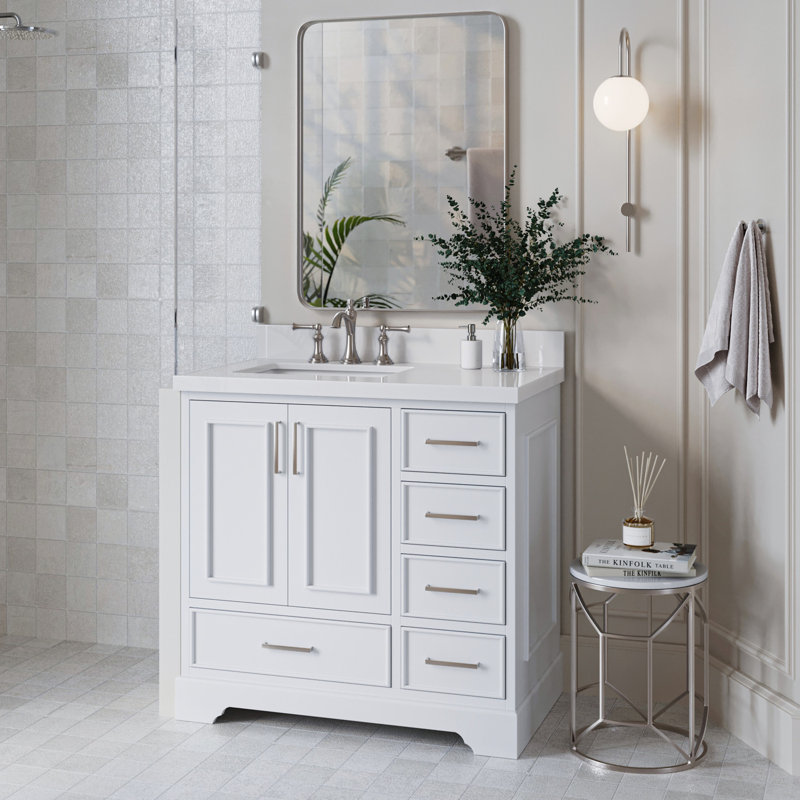 37'' Single Bathroom Vanity with White Quartz Top, White