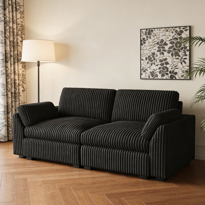 Wide Short Plush 2-Seat Sofa With Removable Cushions And Detachable Cover, Black Corduroy