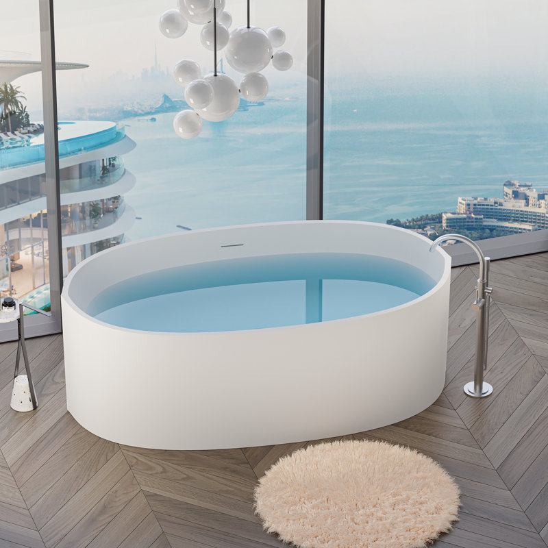 65'' Matte White Solid Surface Freestanding Soaking Bathtub