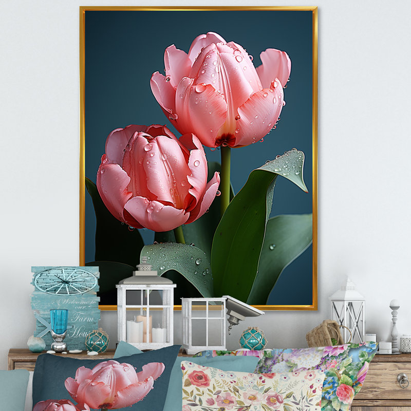 «Minimalims Pink Tulip Blooms», Cadre flottant doré, H 40 po x l 30 po x P 1,5 po