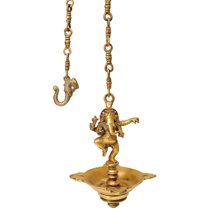 10" Handmade Dancing Ganesha Hanging Brass Oil Lamp Four Wicks - Temple Style Pendant Light Spiritual Home Decor Made in India
