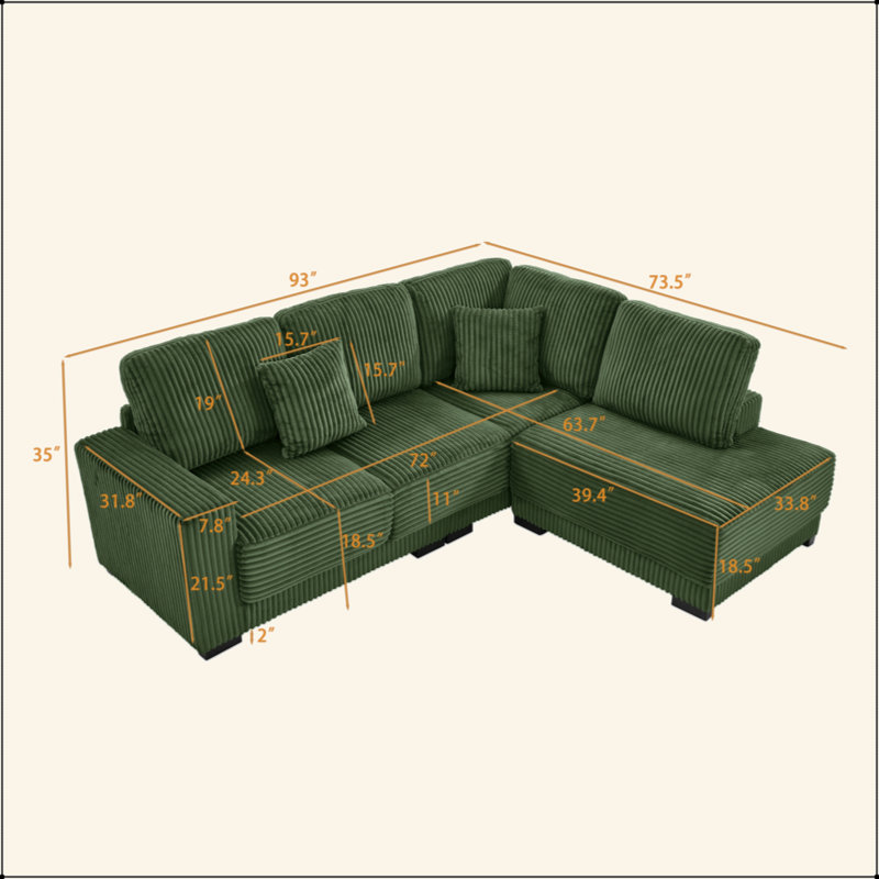  Canapé modulaire en forme de L 93 po avec méridienne convertible en velours côtelé réversible, canapé à ressorts hélicoïdaux avec cadre en bois massif et housses lavables pour le salon