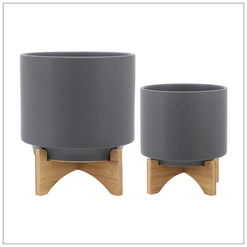 S/2 8/10" PLANTER W/ WOOD STAND, Gray