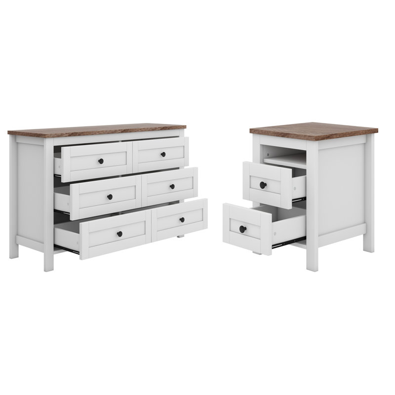 Lit plateforme avec tête de lit, station de charge, table de chevet et commode, Blanc / brun, Grand