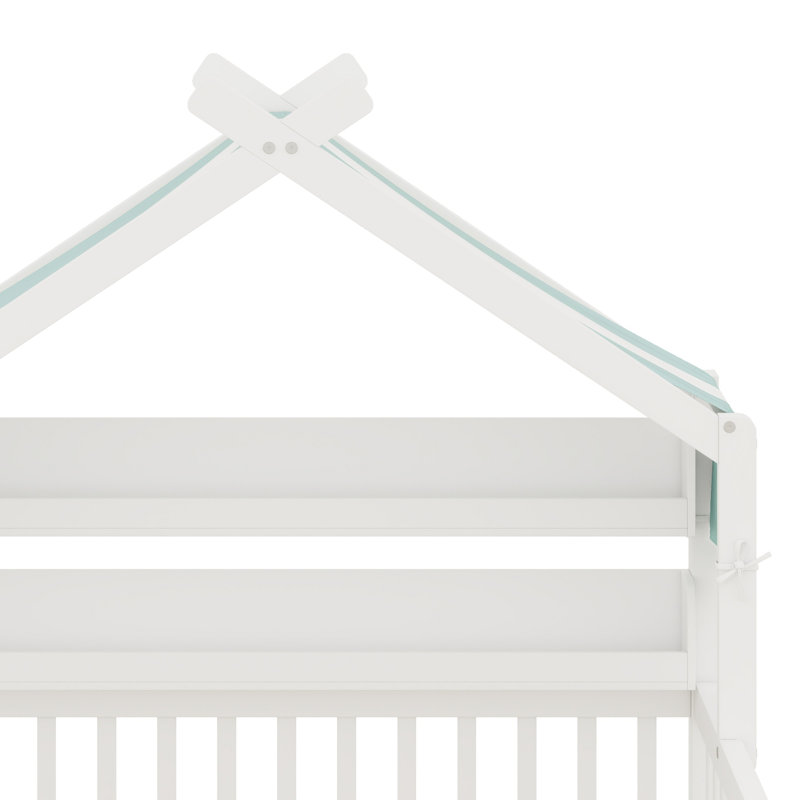 Lit maison contemporaine en bois avec tablette de tête de lit, Lit double, Blanc