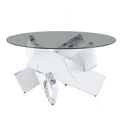 Artistic Cross X-Shaped Round Coffee Table with Marble-Patterned Base and Tempered Glass Top