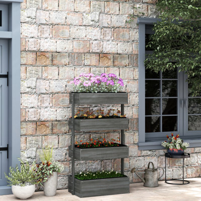Outdoor 4 Tier Vertical Planter, Wooden For Flower, Vegetable, Herb Growing, Self-Draining With Non-Woven Fabric, Gray Planter Box, Flowers, Veggies, Herbs, Non-Woven, Coloration