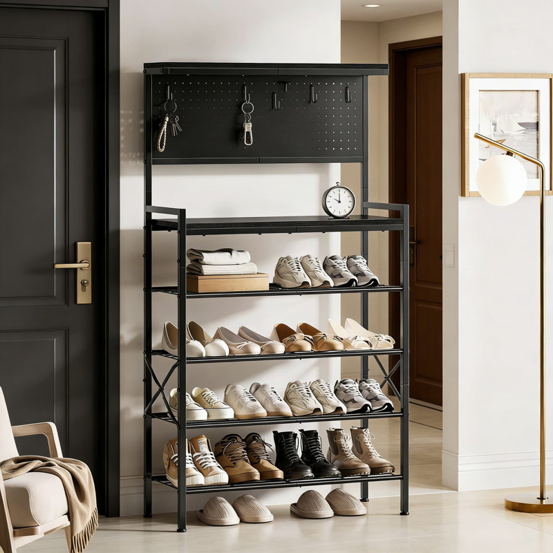 6-Tier Shoe Rack With Pegboard And Hooks, Industrial Wooden Top Shoe Storage Organizer, Holds 16-20 Pairs, Sturdy Metal Frame For Entryway, Closet, Hallway, Bedroom, Or Dorm
