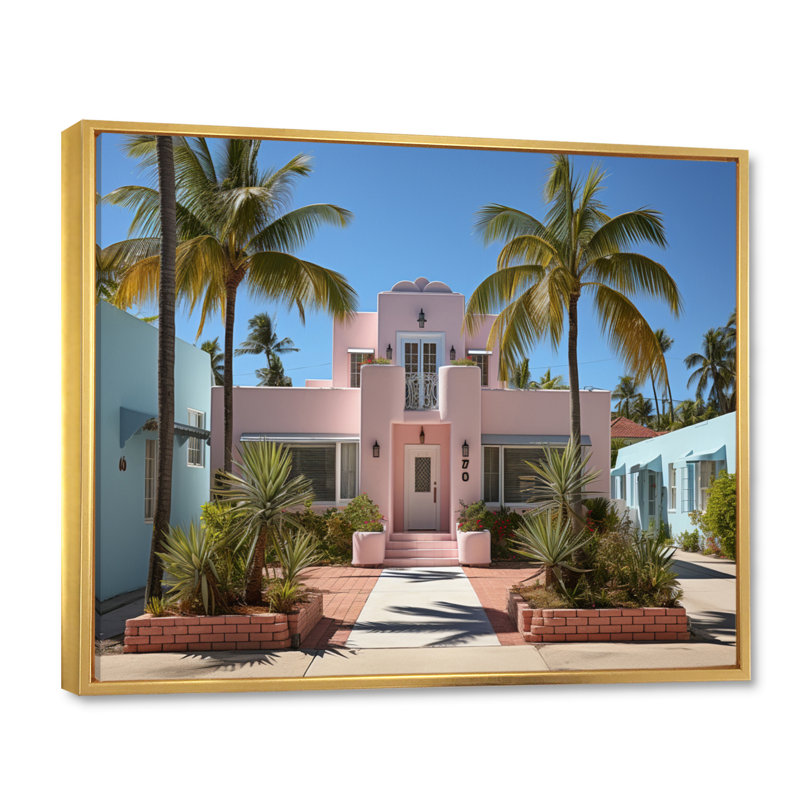 Miami Pink House IV, reproduction d'art sur toile, H 24 po x l 32 po x P 1 po, Cadre flottant doré