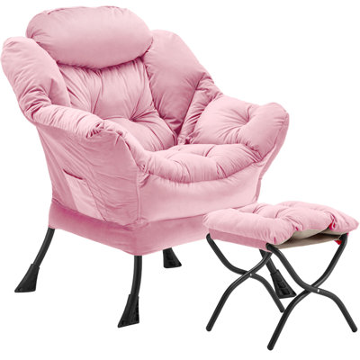 Lazy Chair With Folding Ottoman & Side Storage Bag, Velvet Upholstered Accent Armchair With Metal Frame, Non-Slip Pads