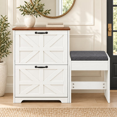 Armoire à chaussures pour hall d'entrée avec banc à chaussures, 2 niveaux autoportants, armoire de rangement à chaussures en bois avec 2 tiroirs rabattables, organisateur de chaussures mince et élégant pour l'entrée, le couloir, le salon