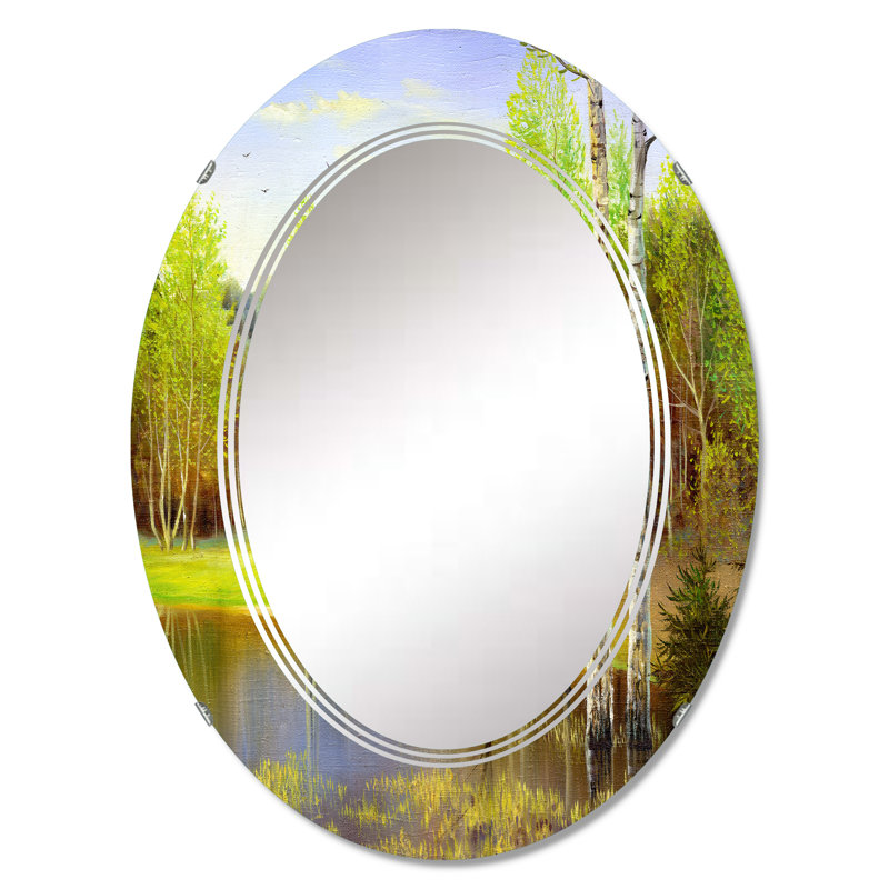 Beautiful Summer River Green Landscape IV - Miroir mural ovale, 36 po x 24 po