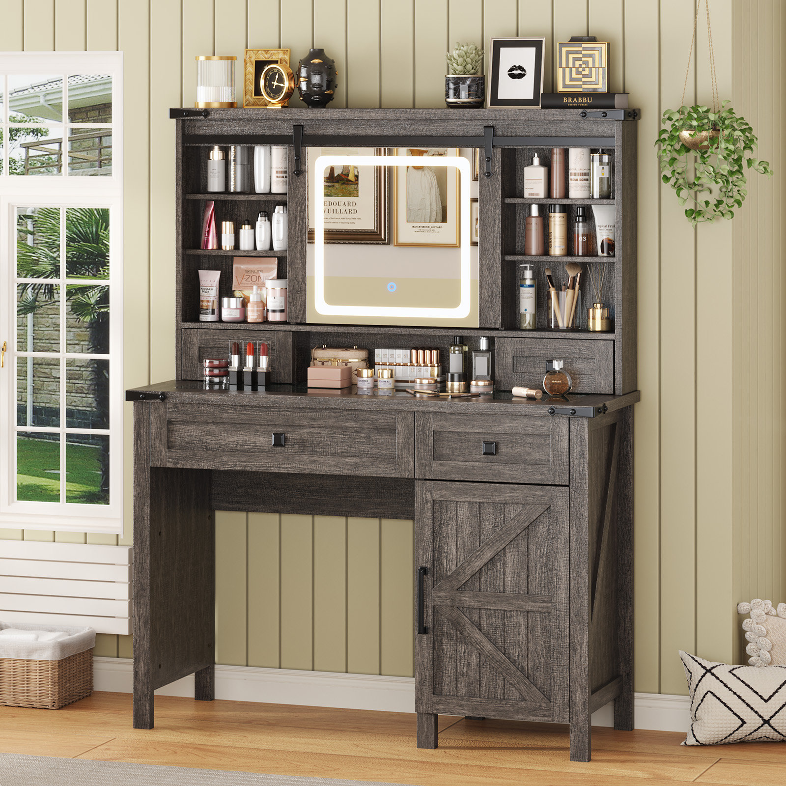 Gracie Oaks Farmhouse Makeup Vanity Desk with Sliding Mirror and Lights ...