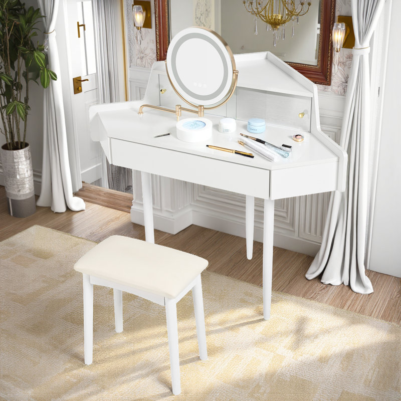 44" Corner Makeup Vanity, Space-Saving Dressing Table with Tri-Fold LED Mirror, Adjustable Lighting & PU Stool
