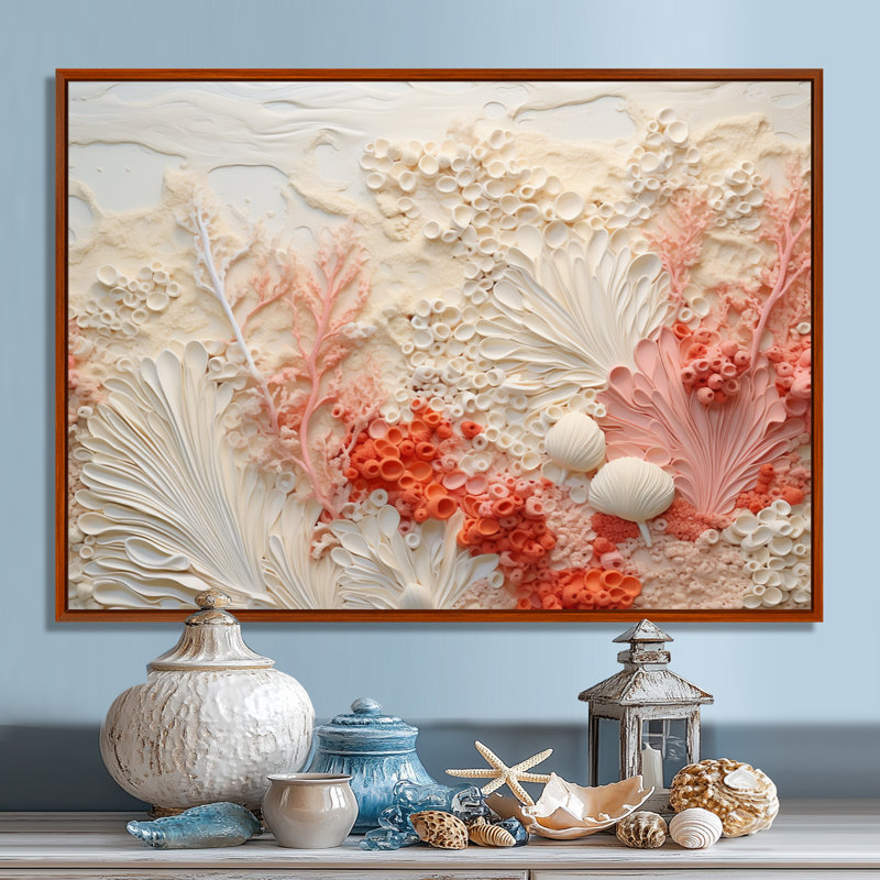 Pink And White Coastal Coral Collage V On Canvas Print, 12" H x 20" W x 1" D, Brown Floater Framed