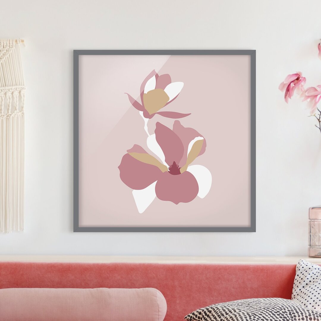 Gerahmtes Poster Line Art Flowers Pastel Pink