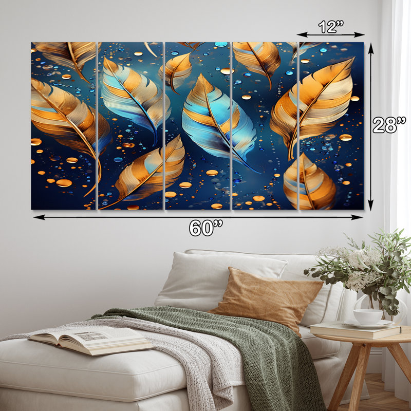 Boho Glam doré plumes sur bleu cosmique I - art mural sur toile de plumes - 5 panneaux égaux