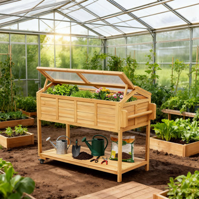 Lit de jardin mobile surélevé avec couvercle de serre, panier à fleurs surélevé en bois avec tablette de rangement, nature