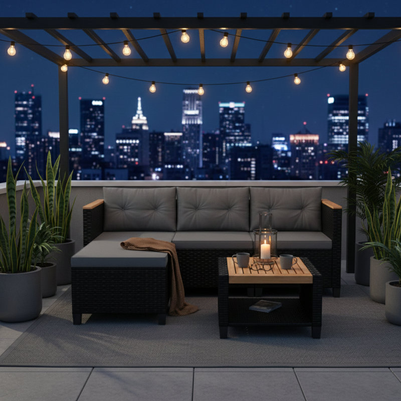 Ensemble de patio en osier 3 pièces en L avec coussins gris et table de rangement en bois d'acacia pour espaces extérieurs compacts