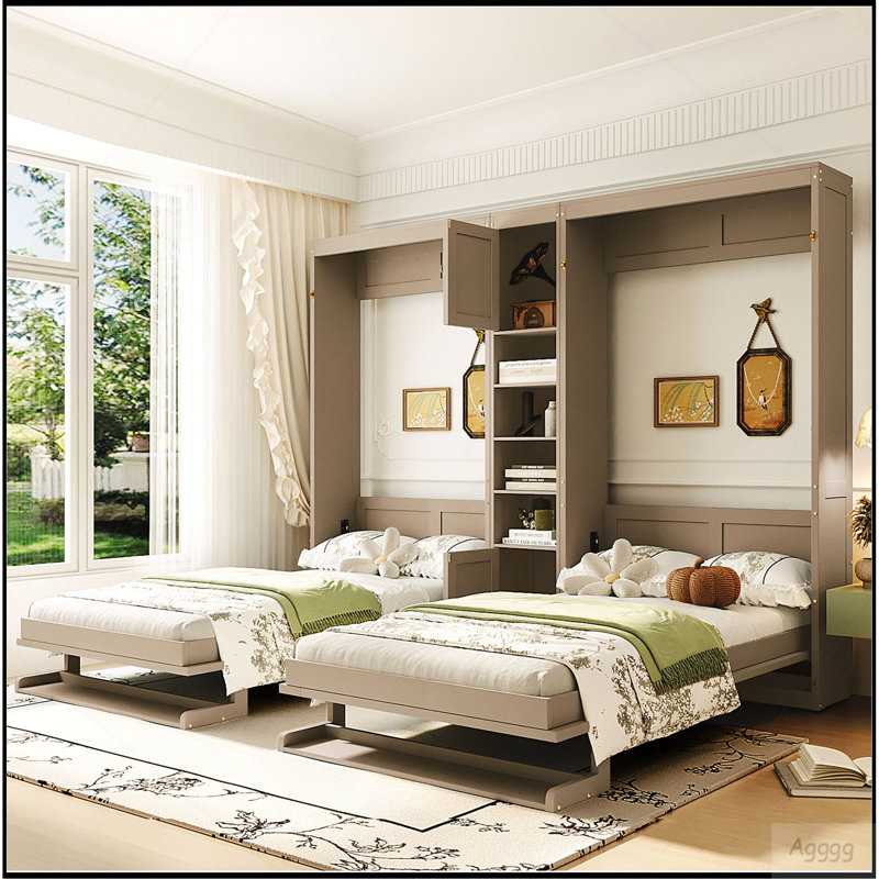 Dual Twin size Wall Murphy Beds with Cabinets and Shelves, Antique Gray