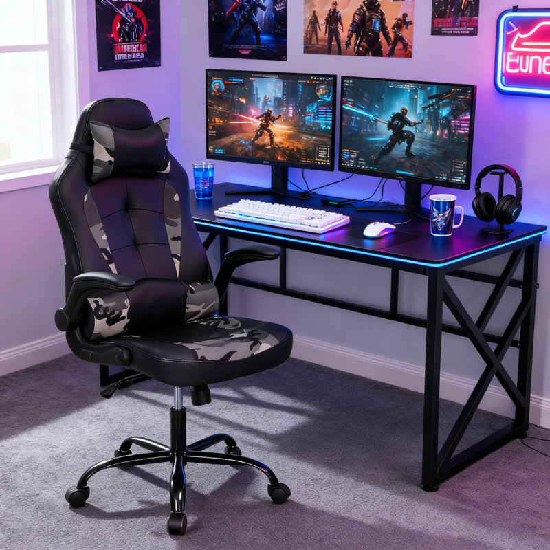 Dkelincs Gaming Chair Computer Chair With Lumbar Support And Flip-Up Arms,Headrest For Teen, Camo, Camo