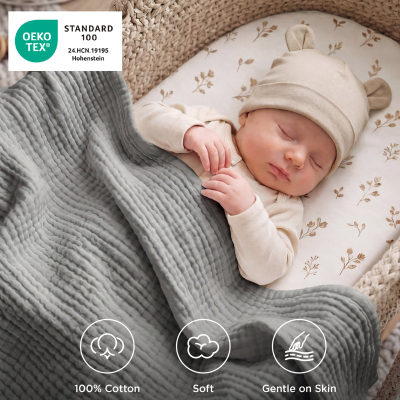 Bedsure 100% Cotton Muslin Blanket, 4-Layer Lightweight Summer Blanket for Dorm, Couch & Everyday Comfort, 200 GSM, Gray