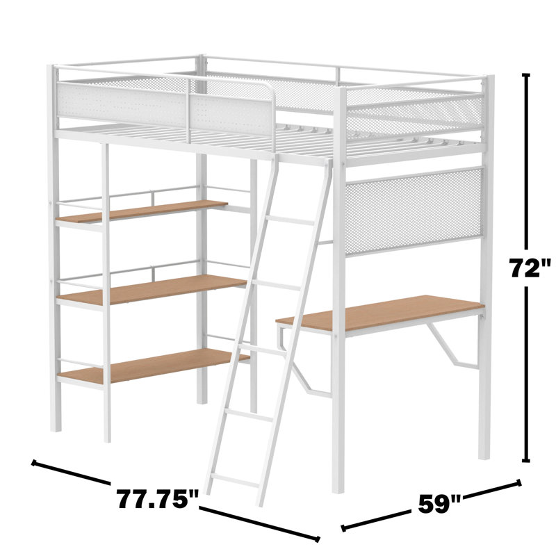 Lit mezzanine simple à 3 tablettes avec bureau en bois d'ingénierie et panneaux en filet blanc mat pour la chambre à coucher Productivité Métal Trois tablettes ouvertes Barrières de sécurité complètes