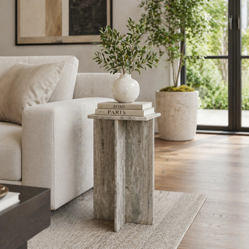 Petite table en marbre Rommi, blanc, H 22 po x l 12 po x P 12 po